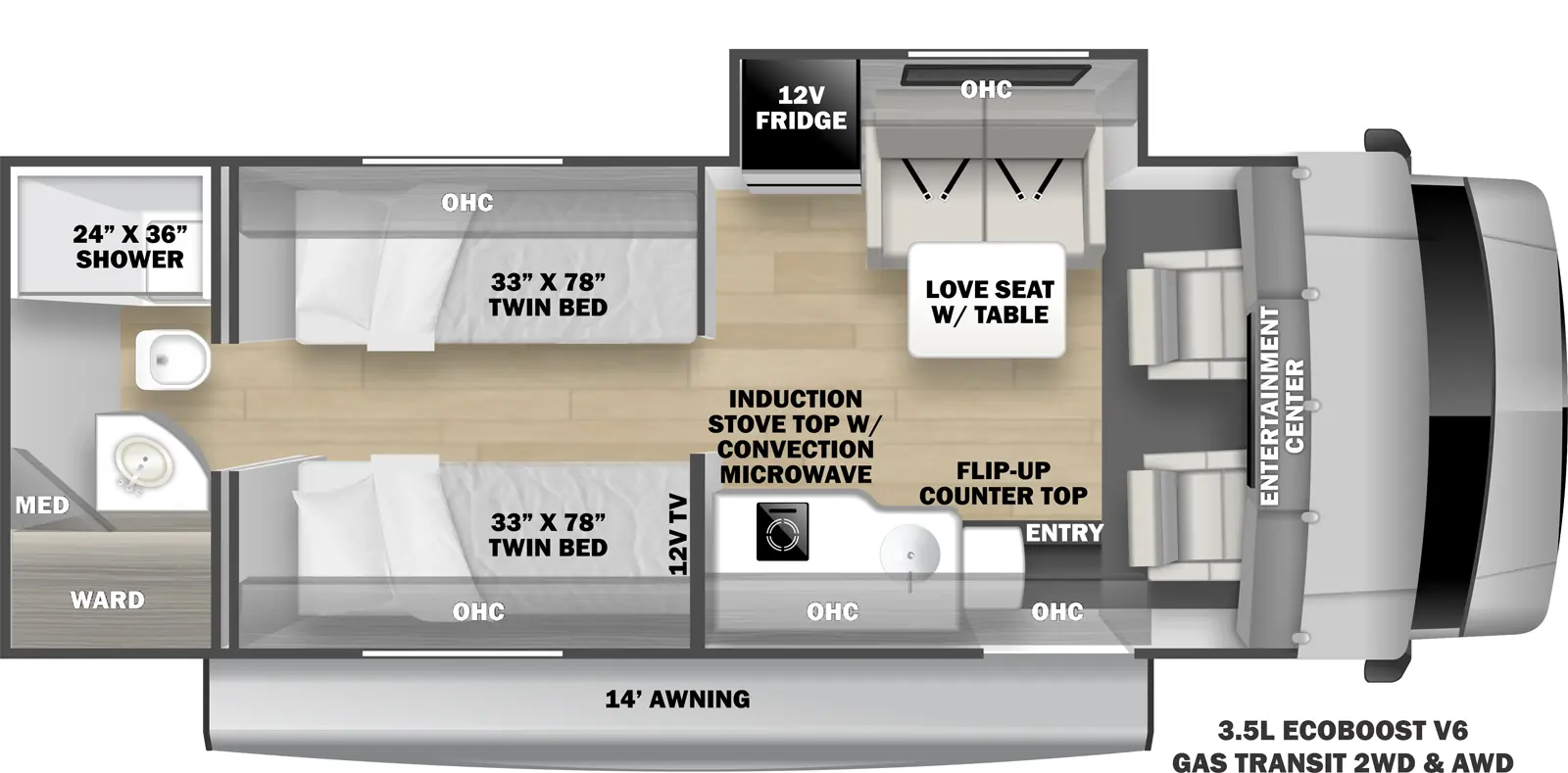 The TS2370 has 1 slide out on the off-door side. Exterior features include a 14' awning and it is built on the 3.5L Eco-Boost V6 Gas Transit chassis (2WD & AWD available). Interior layout from front to back includes a cab over entertainment center, off-door side slide out holding a 12V refrigerator, overhead cabinet and love seat with table; door side kitchen with induction stovetop with convection microwave, overhead cabinet, sink and flip-up countertop extension; bedroom with opposing side 33 x 78 twin beds with overhead cabinets and a 12V TV; rear bathroom with wardrobe, medicine cabinet, sink, toilet and 24 x 36 shower.